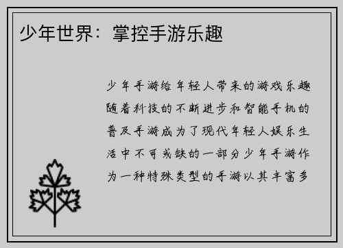 少年世界：掌控手游乐趣