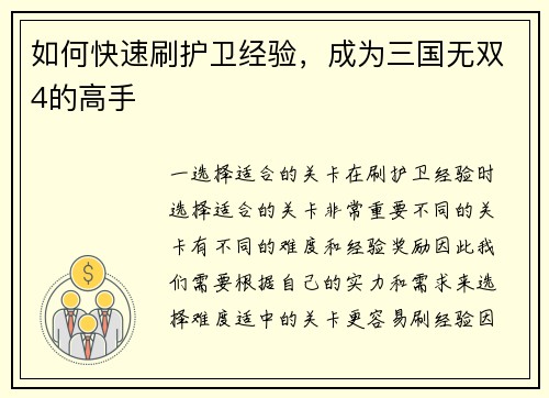 如何快速刷护卫经验，成为三国无双4的高手