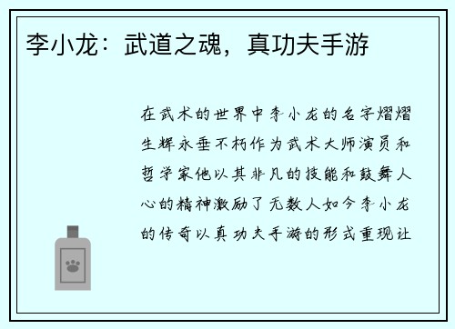 李小龙：武道之魂，真功夫手游